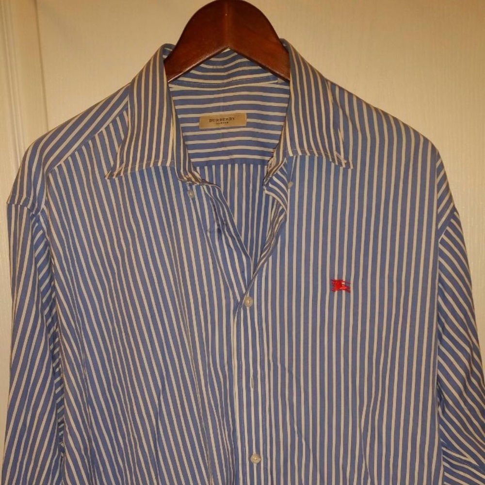 Burberry Blue and White Striped Men's Shirt with Red Logo